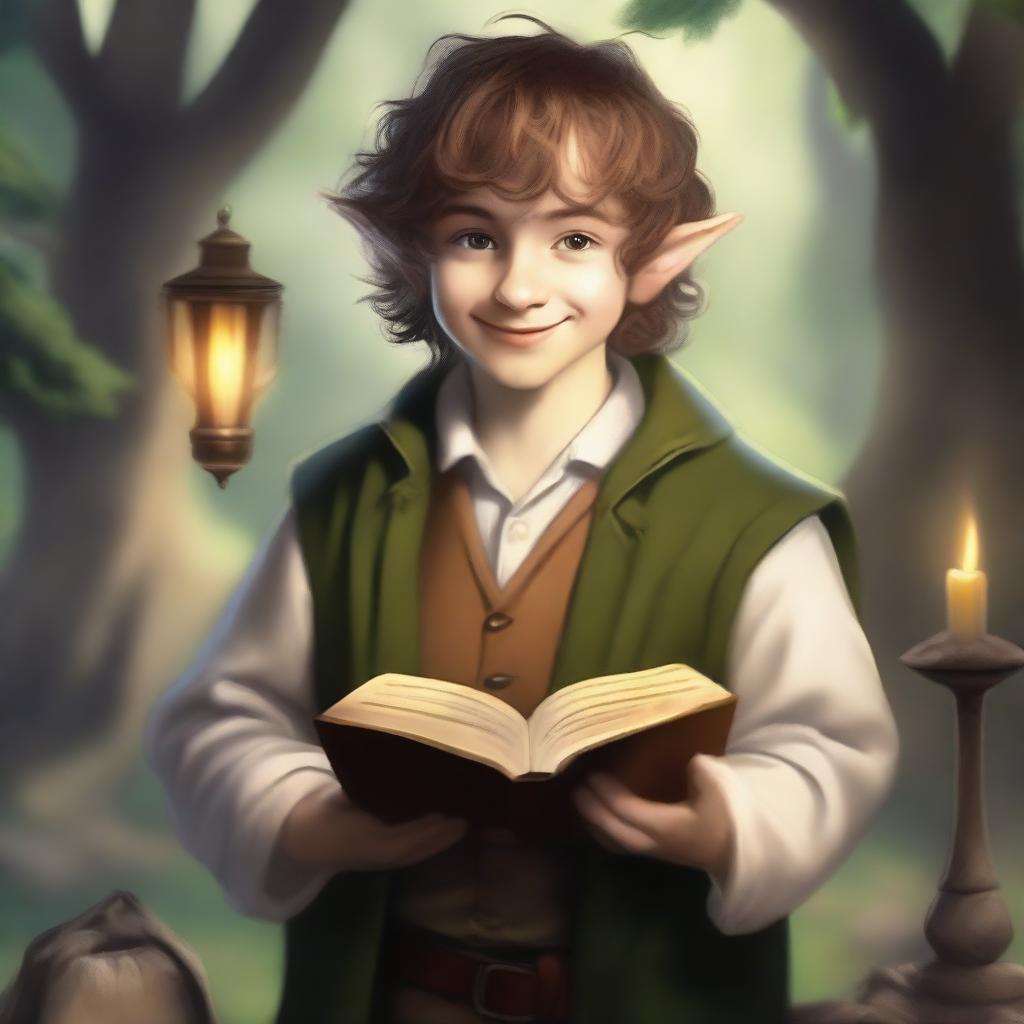 This is a high-quality digital art image of a young hobbit cleric from the trickery domain