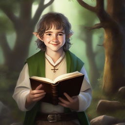 This is a high-quality digital art image of a young hobbit cleric from the trickery domain