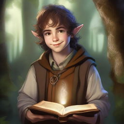 This is a high-quality digital art image of a young hobbit cleric from the trickery domain