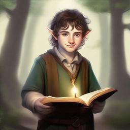 This is a high-quality digital art image of a young hobbit cleric from the trickery domain