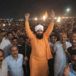 Lord Ramlala returning to Ayodhya after 700 years full of emotion; welcomed by jubilant and emotionally overwhelmed people, lamp lights illuminating the historic city in the dark night.