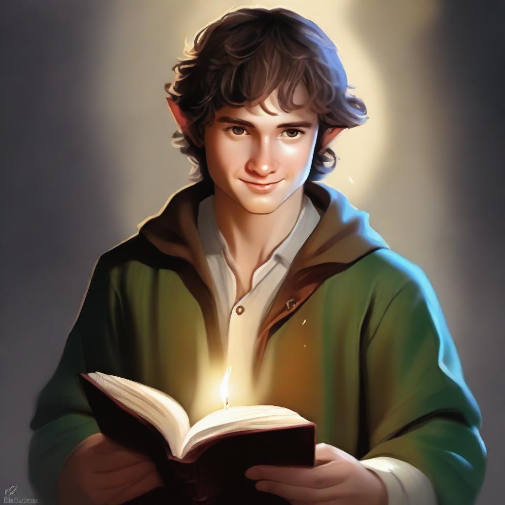 A high-quality digital art image presents a young man, a hobbit cleric from the trickery domain