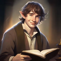 A high-quality digital art image presents a young man, a hobbit cleric from the trickery domain