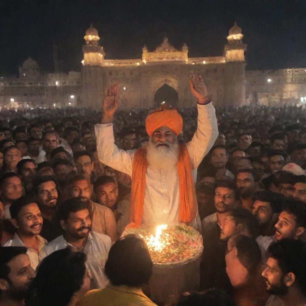 Lord Ramlala returning to Ayodhya after 700 years full of emotion; welcomed by jubilant and emotionally overwhelmed people, lamp lights illuminating the historic city in the dark night.