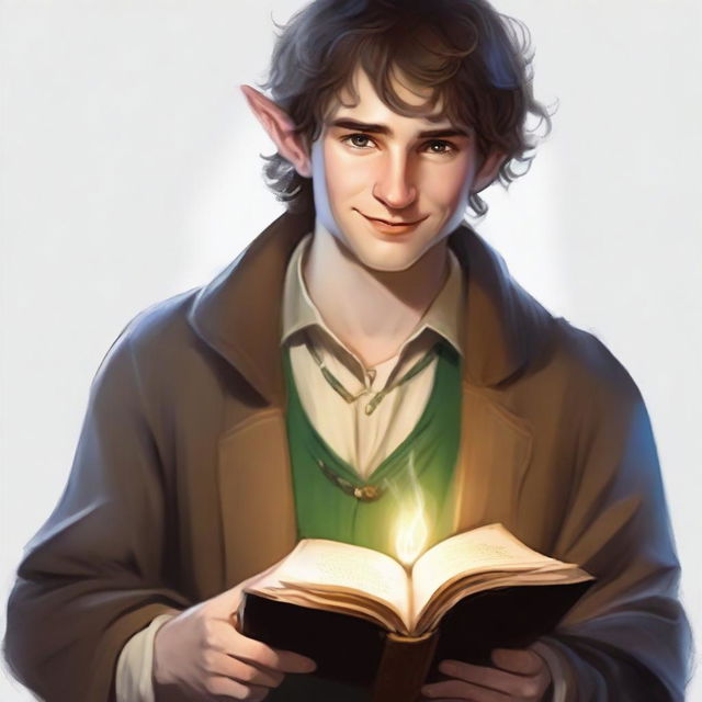 A high-quality digital art image presents a young man, a hobbit cleric from the trickery domain