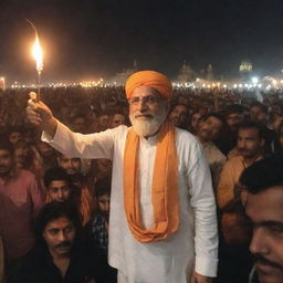 Lord Ramlala returning to Ayodhya after 700 years full of emotion; welcomed by jubilant and emotionally overwhelmed people, lamp lights illuminating the historic city in the dark night.