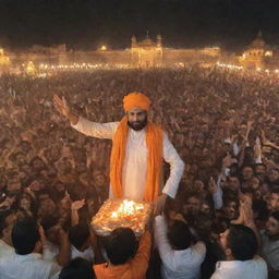 Lord Ramlala returning to Ayodhya after 700 years full of emotion; welcomed by jubilant and emotionally overwhelmed people, lamp lights illuminating the historic city in the dark night.