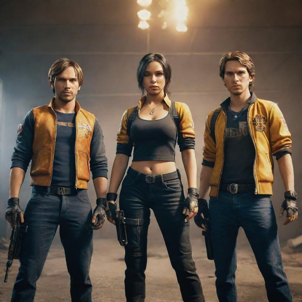 Four fierce Free Fire game players, ready for action, standing together in a dramatic game environment