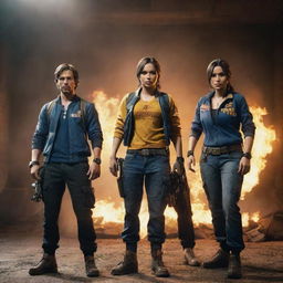 Four fierce Free Fire game players, ready for action, standing together in a dramatic game environment