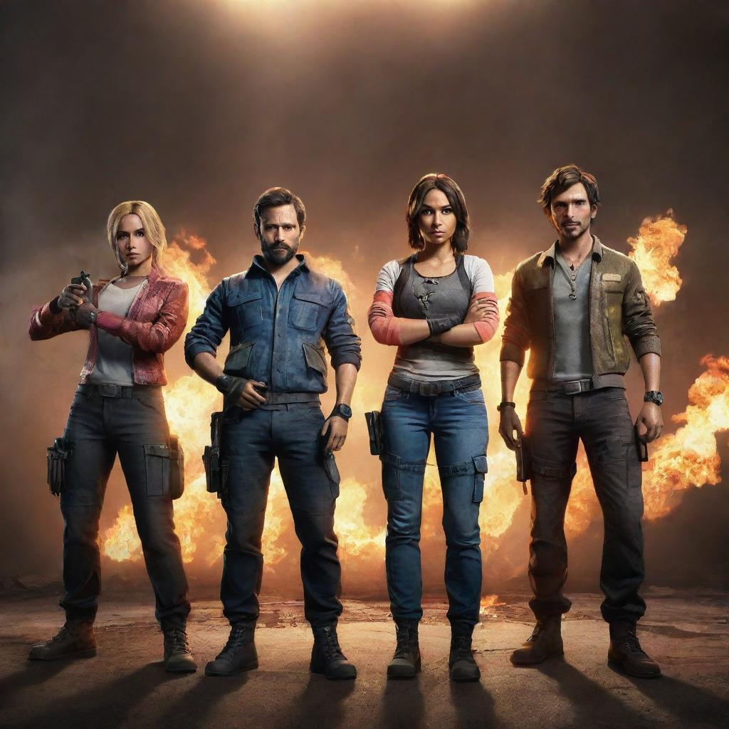 Four fierce Free Fire game players, ready for action, standing together in a dramatic game environment