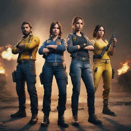 Four fierce Free Fire game players, ready for action, standing together in a dramatic game environment