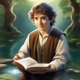 A stunning piece of digital art captures a young male hobbit, a cleric from the trickery domain