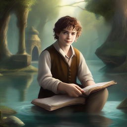 A stunning piece of digital art captures a young male hobbit, a cleric from the trickery domain