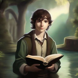 A stunning piece of digital art captures a young male hobbit, a cleric from the trickery domain