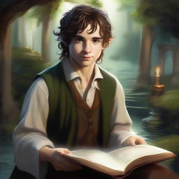 A stunning piece of digital art captures a young male hobbit, a cleric from the trickery domain