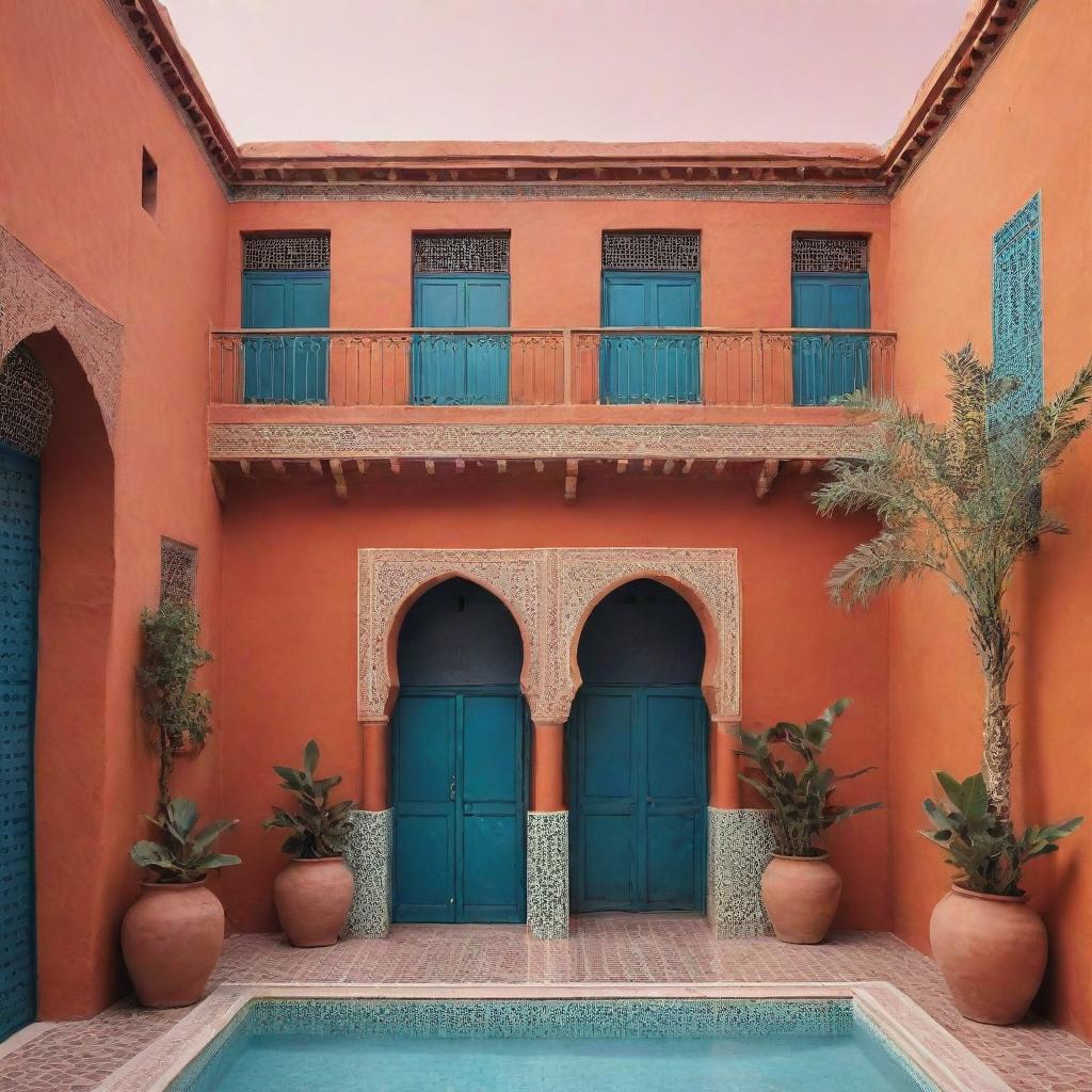 A minimalistic, stylized illustration of traditional Moroccan riads, highlighting their distinct architectural features in vibrant colors.