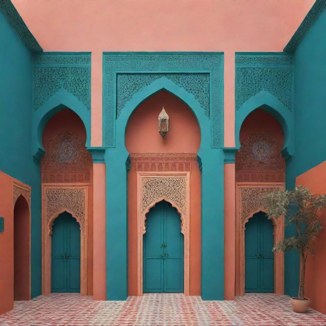 A minimalistic, stylized illustration of traditional Moroccan riads, highlighting their distinct architectural features in vibrant colors.