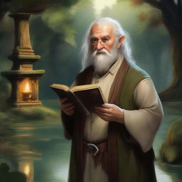 An engaging digital art image depicts a middle-aged hobbit cleric from the trickery domain, smirking mischievously while holding a book