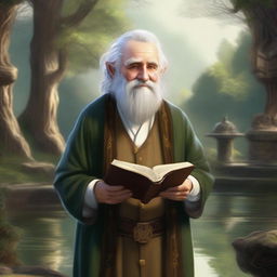 An engaging digital art image depicts a middle-aged hobbit cleric from the trickery domain, smirking mischievously while holding a book