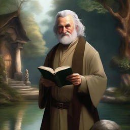 An engaging digital art image depicts a middle-aged hobbit cleric from the trickery domain, smirking mischievously while holding a book