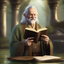 An engaging digital art image depicts a middle-aged hobbit cleric from the trickery domain, smirking mischievously while holding a book