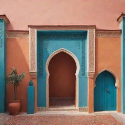 A minimalistic, stylized illustration of traditional Moroccan riads, highlighting their distinct architectural features in vibrant colors.