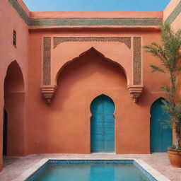 A minimalistic, stylized illustration of traditional Moroccan riads, highlighting their distinct architectural features in vibrant colors.