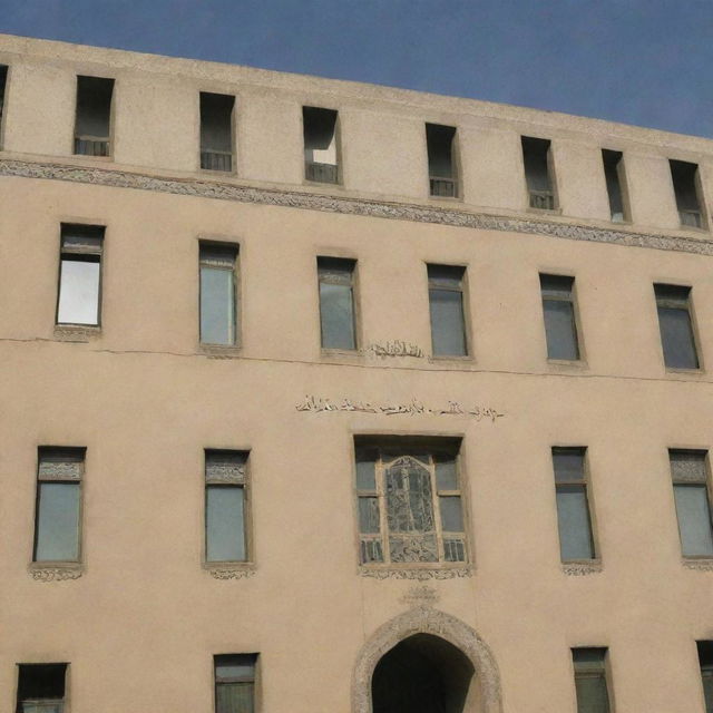 Beige buildings of a university in Tehran, with 'Taha' written in elegant Persian script overlay.