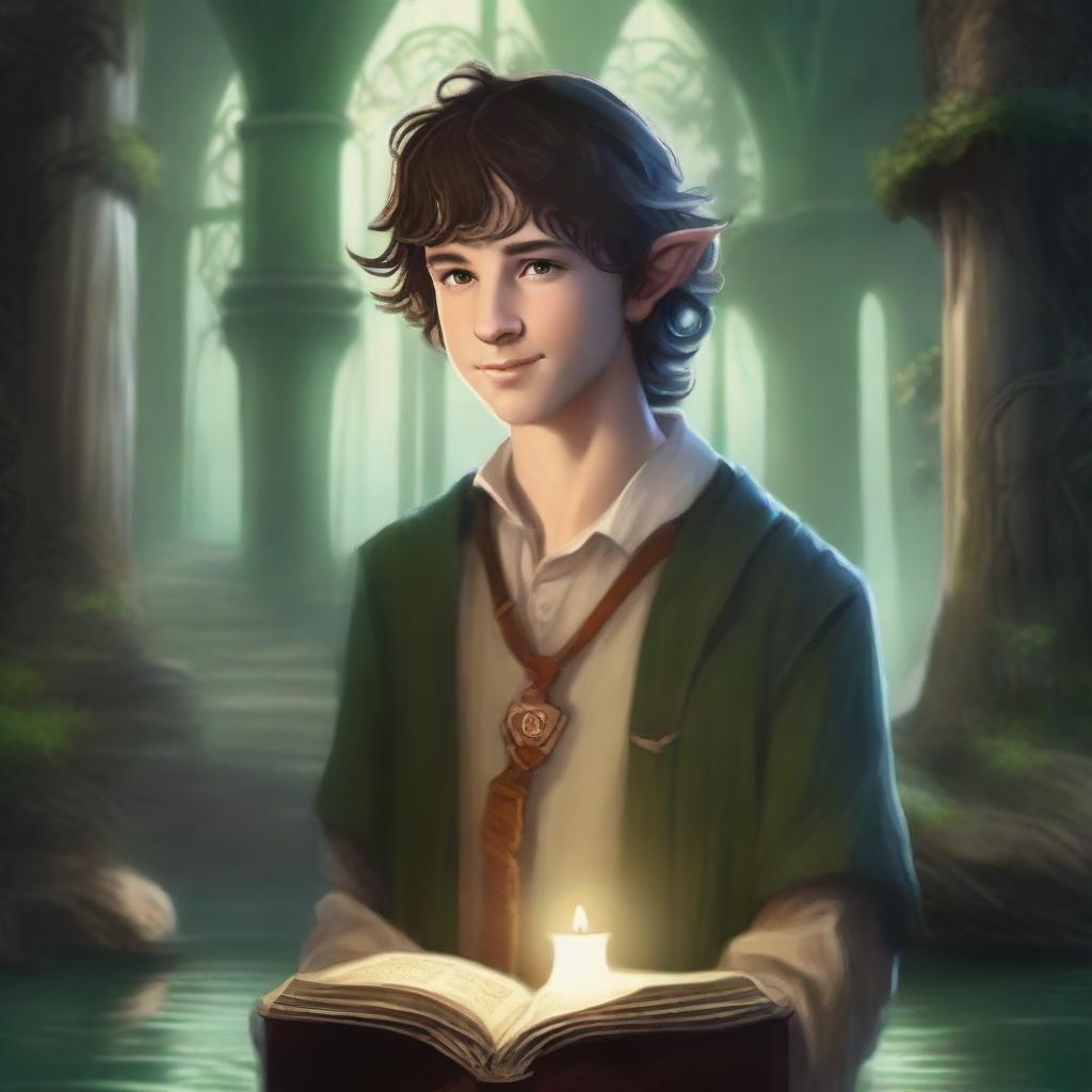 A top-quality digital art image features a young adult hobbit cleric from the trickery domain, holding a book and smirking mischievously