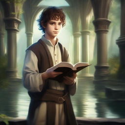 A top-quality digital art image features a young adult hobbit cleric from the trickery domain, holding a book and smirking mischievously