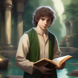 A top-quality digital art image features a young adult hobbit cleric from the trickery domain, holding a book and smirking mischievously