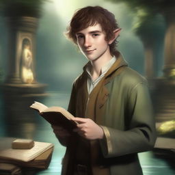 A top-quality digital art image features a young adult hobbit cleric from the trickery domain, holding a book and smirking mischievously