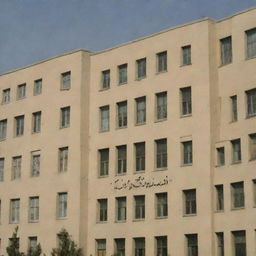 Beige buildings of a university in Tehran, with 'Taha' written in elegant Persian script overlay.