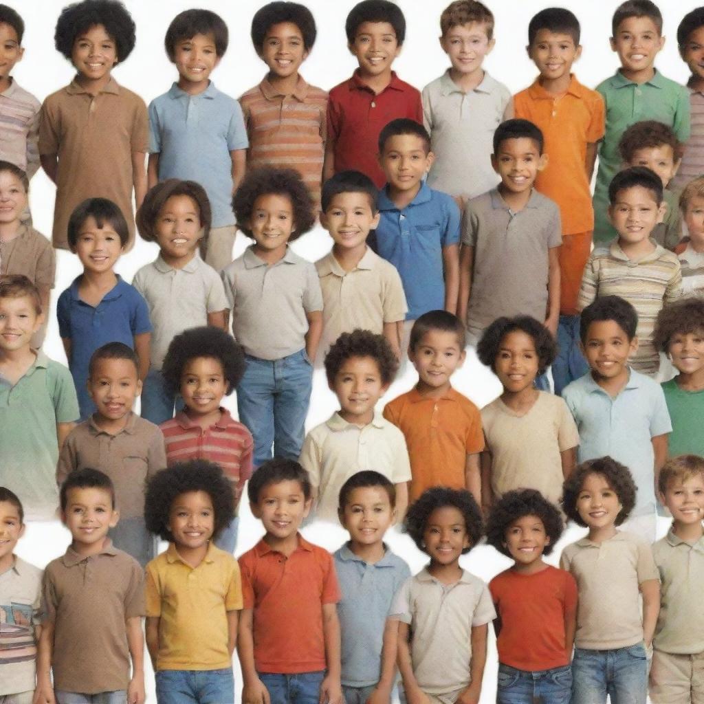 A collection of boys in a variety of ages, races, and clothing, showing diversity and unity.