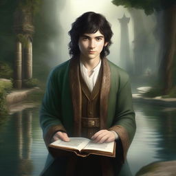 An exquisite digital art image depicts a dark-haired hobbit cleric from the trickery domain, smirking mischievously while holding a book