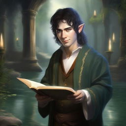 An exquisite digital art image depicts a dark-haired hobbit cleric from the trickery domain, smirking mischievously while holding a book