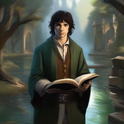 An exquisite digital art image depicts a dark-haired hobbit cleric from the trickery domain, smirking mischievously while holding a book