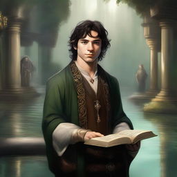 An exquisite digital art image depicts a dark-haired hobbit cleric from the trickery domain, smirking mischievously while holding a book