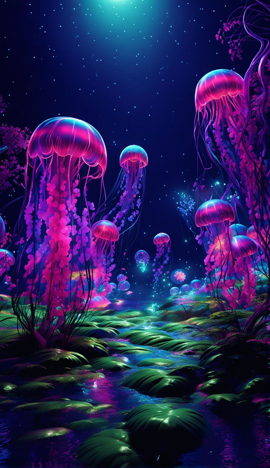 Ultra-detailed 8K Unreal Engine 5 render of a surreal forest landscape with floating jellyfish in a cyberpunk colour style.