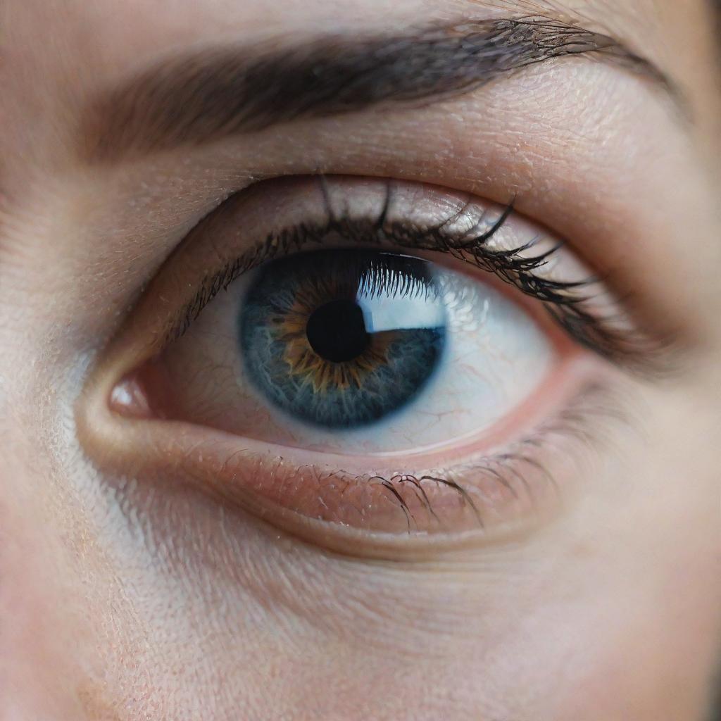 A highly detailed 8k image of an emotional eye, close-up, reflecting nostalgic moments. Capture sadness, lingering tears and the depth of emotion, reminiscent of a scene shot on Cinestill 800T film with a Leica M6 TTL and a 75mm 2.0 Summicron-M ASPH lens.