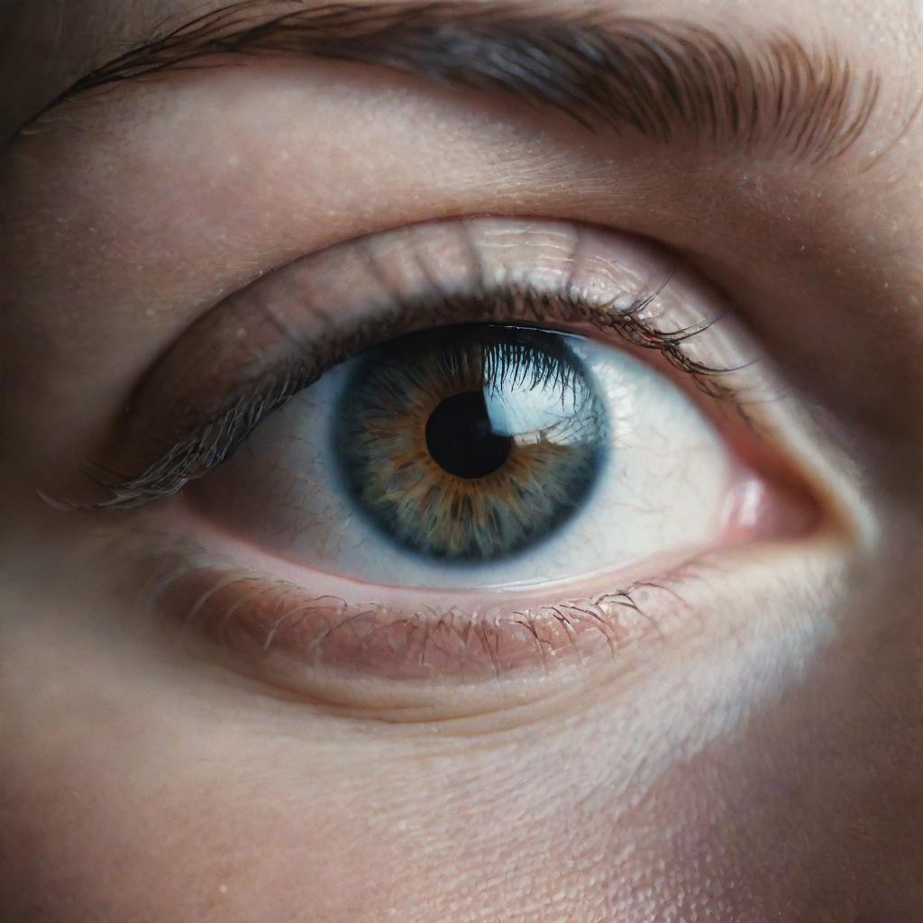 A highly detailed 8k image of an emotional eye, close-up, reflecting nostalgic moments. Capture sadness, lingering tears and the depth of emotion, reminiscent of a scene shot on Cinestill 800T film with a Leica M6 TTL and a 75mm 2.0 Summicron-M ASPH lens.