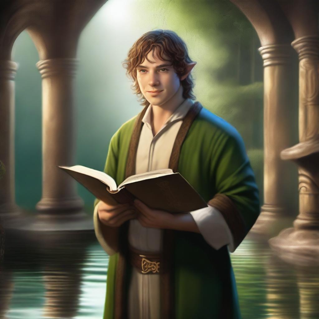 A mesmerizing digital art image portrays a hobbit cleric from the trickery domain, smirking mischievously while holding a book