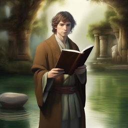 A mesmerizing digital art image portrays a hobbit cleric from the trickery domain, smirking mischievously while holding a book