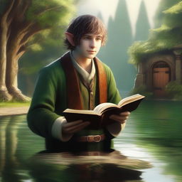 A mesmerizing digital art image portrays a hobbit cleric from the trickery domain, smirking mischievously while holding a book