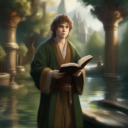 A mesmerizing digital art image portrays a hobbit cleric from the trickery domain, smirking mischievously while holding a book