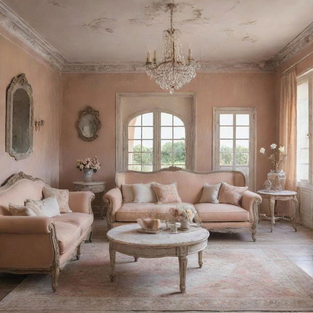 A shabby chic style villa living room interior, adorned with vintage furniture, distressed textures, and a warm, soft color palette.