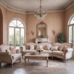 A shabby chic style villa living room interior, adorned with vintage furniture, distressed textures, and a warm, soft color palette.