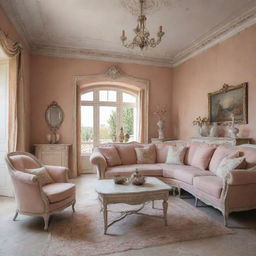 A shabby chic style villa living room interior, adorned with vintage furniture, distressed textures, and a warm, soft color palette.