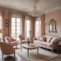 A shabby chic style villa living room interior, adorned with vintage furniture, distressed textures, and a warm, soft color palette.