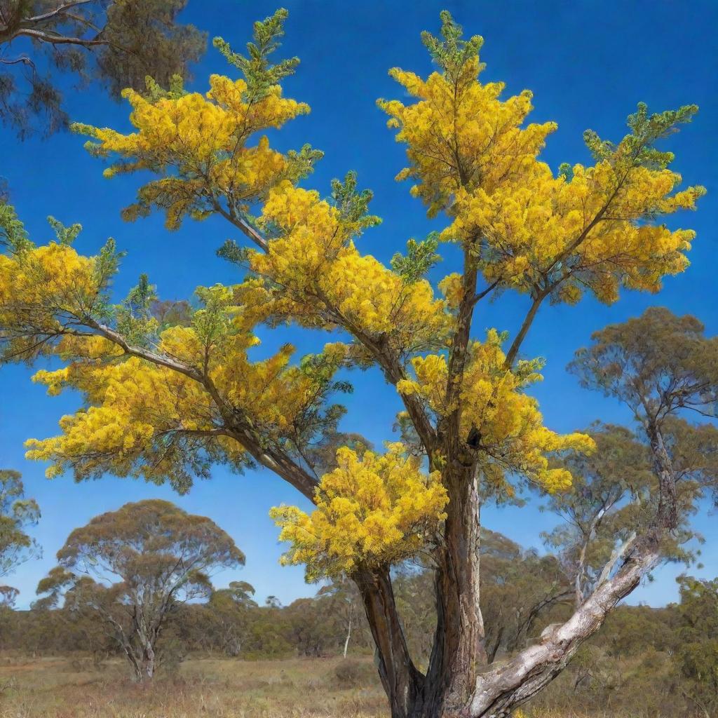 Iconic Australian Golden Wattle tree in vibrant bloom under a bright blue sky